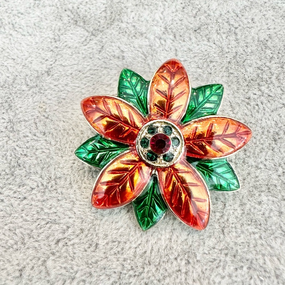 Vintage Enamel Christmas Poinsettia Rhinestone Flower Brooch Pin